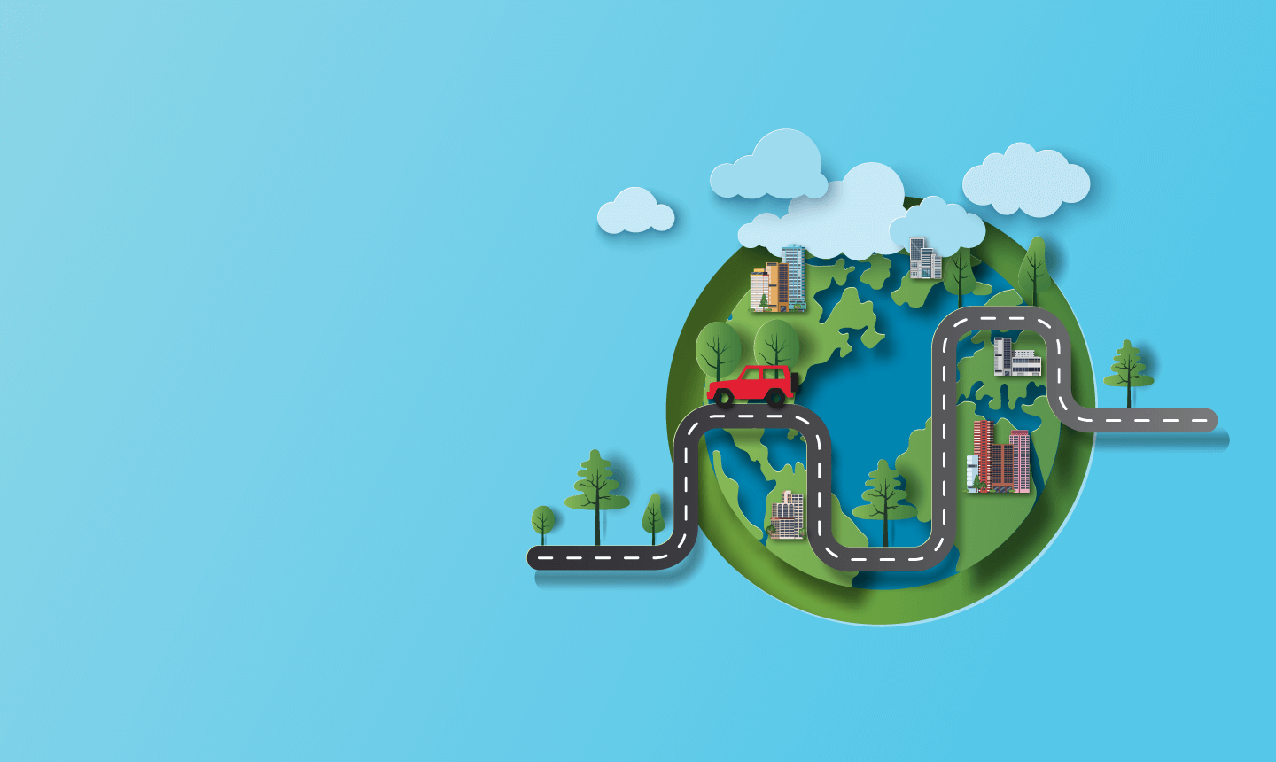 Circular graphic of a car driving across the world on a winding road