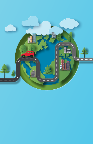 Circular graphic of a car driving across the world on a winding road