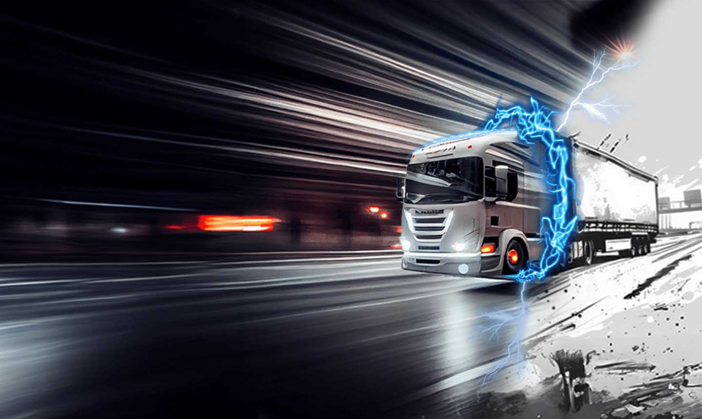 A truck driving through a lightning portal and changing color