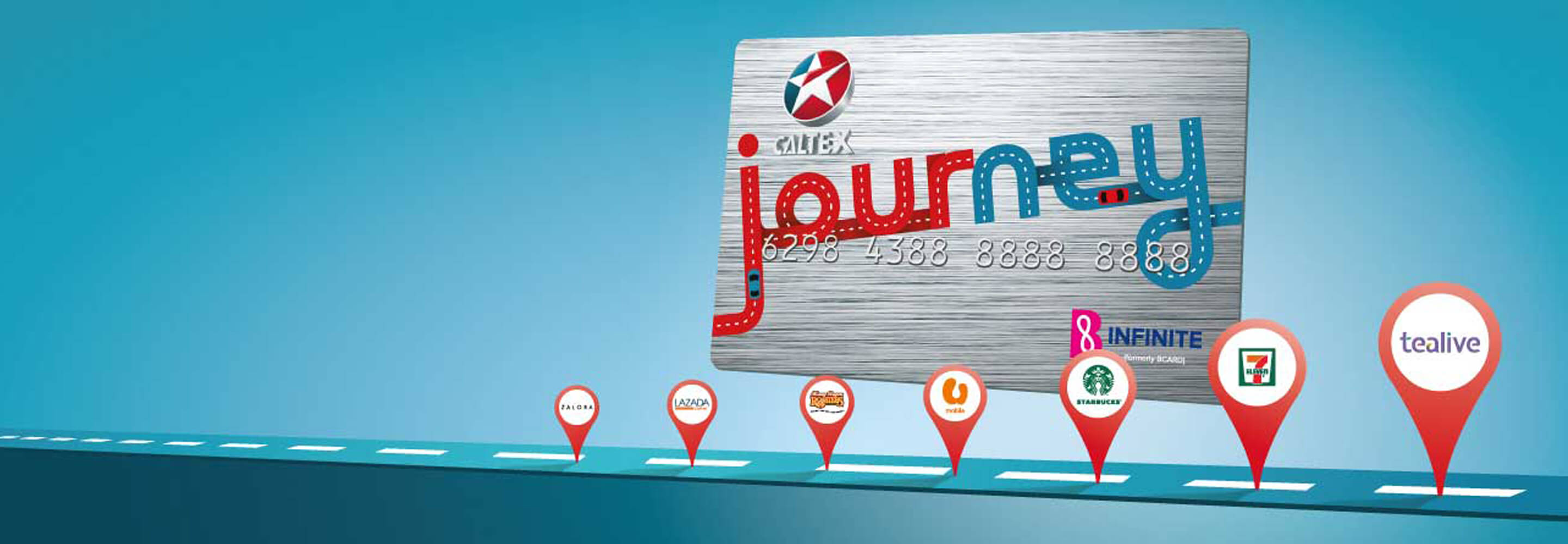 Caltex JOURNEY card with various Caltex merchant partner location pins on a long highway